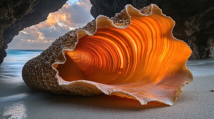 Aufkleber - Giant Seashell Illuminated at Sunset on a Sandy Beach Inside a Cave, Ocean Waves Gently Crashing : Generative AI