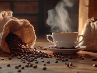 Aufkleber - A steaming cup of coffee sits on a wooden table, surrounded by spilled coffee beans from a burlap sack, creating a warm and inviting atmosphere. : Generative AI