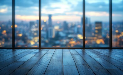 Leinwandbilder - Dark wood floor with blurred city skyline view at dusk through large window panes. : Generative AI
