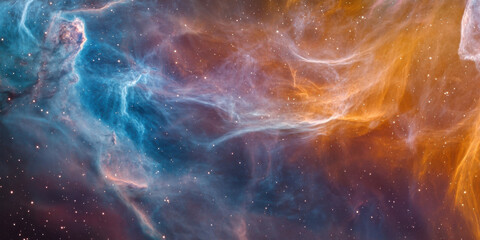Poster - A mesmerizing cosmic nebula swirls with vibrant blue and orange hues, speckled with countless stars, creating a breathtaking celestial landscape. : Generative AI