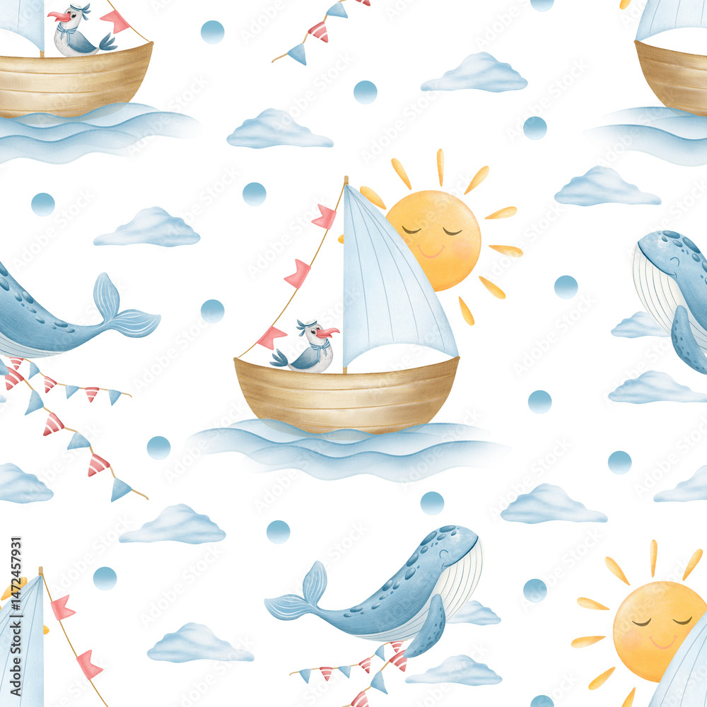 Seamless watercolor pattern with cute whales, boats, seagulls, sun ...