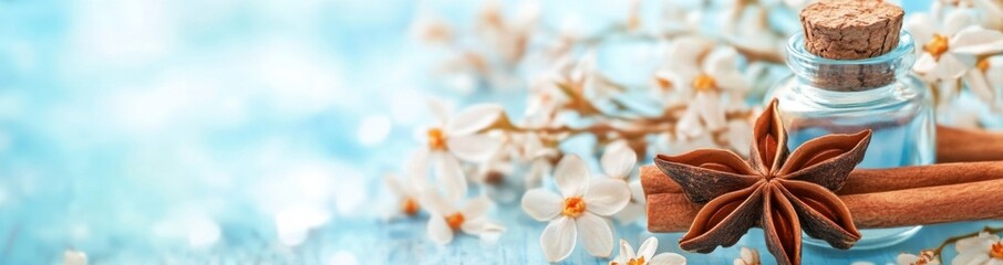 Leinwandbilder - Aromatic Spa Still Life: Star Anise, Cinnamon Sticks, and Delicate White Blossoms on a Light Blue Background. : Generative AI