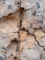 Poster - A detailed close-up reveals a weathered, cracked beige wall texture, showing significant deterioration and damage with a prominent vertical fissure running through its center. : Generative AI