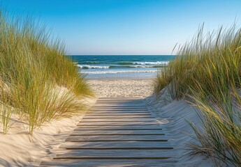 Aufkleber - Wooden boardwalk path leads to a tranquil beach scene with gentle waves under a clear blue sky, offering a serene coastal escape. : Generative AI
