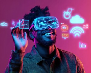 Poster - man wearing vr glasses interacting with futuristic virtual interface