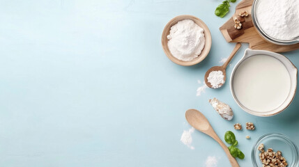 Aufkleber - A pastel blue background showcases baking ingredients: flour in bowls, milk in a cream pitcher, walnuts, basil leaves, and wooden spoons, arranged for a culinary flat lay. : Generative AI