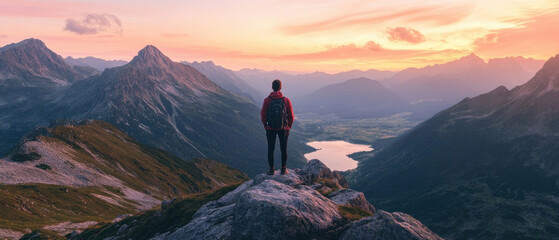 Aufkleber - A lone hiker stands on a mountain peak at sunset, overlooking a vast valley and serene lake, bathed in warm, golden light. : Generative AI