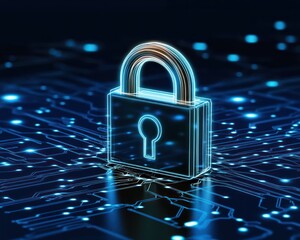 Fototapete - Glowing padlock on circuit board