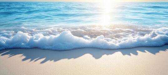 Fototapete - Ocean wave gently lapping on a pristine sandy beach at sunset, creating soft shadows and a tranquil atmosphere. : Generative AI