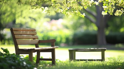Aufkleber - A solitary wooden bench sits in a sun-dappled park, bathed in the warm light of a spring afternoon, under a flowering tree. : Generative AI
