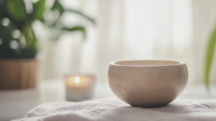 Aufkleber - A beige ceramic bowl rests on a soft, light-colored towel, with a blurred background featuring a lit candle and lush green plants. : Generative AI