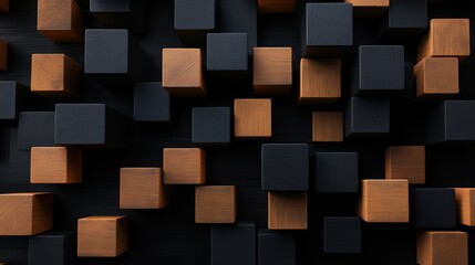 Poster - A visually striking background features numerous wood and black colored cubes arranged randomly on a dark surface.