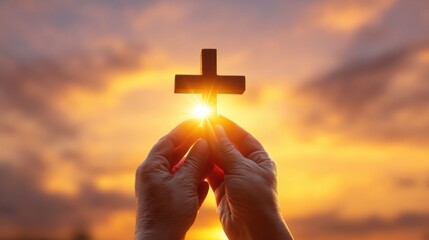 Poster - Silhouette of hands holding a wooden cross against a vibrant sunset, symbolizing faith, hope, and spiritual devotion. : Generative AI