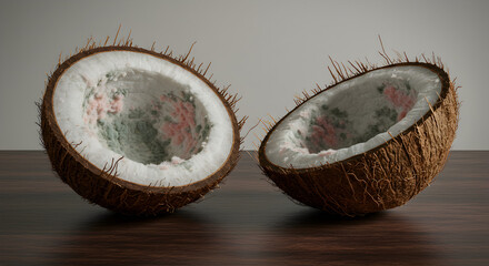 Poster - Detailed Voxel Coconut Halves on Wooden Surface in Digital Art Style