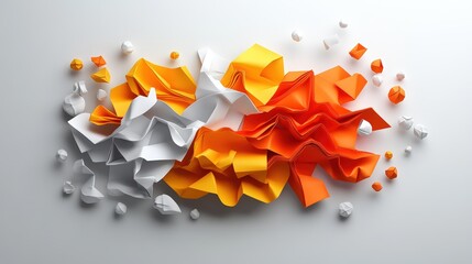Poster - Abstract paper art design featu crumpled and folded white, yellow, and orange shapes on white background.