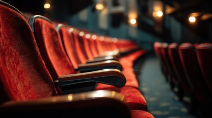 Aufkleber - Empty red velvet theater seats await the audience, bathed in soft, warm lighting; a cinematic atmosphere. : Generative AI