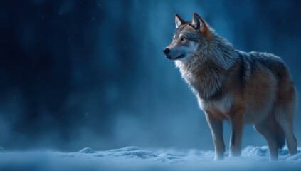 Poster - Majestic gray wolf standing in a snowy winter forest at night, illuminated by a soft blue light, looking towards the horizon. : Generative AI