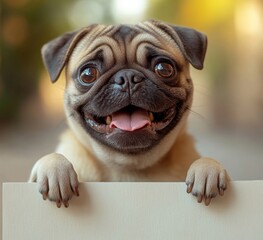 Poster - Adorable pug puppy holds a blank sign, showcasing its happy expression and playful paws.  Perfect for pet-related advertising or announcements. : Generative AI