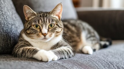 Poster - A tabby cat with white paws rests comfortably on a gray couch, its gaze directed towards the viewer, showcasing its striking yellow eyes and soft fur. : Generative AI