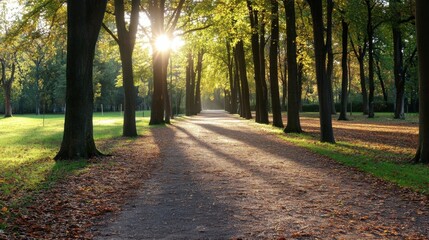 Aufkleber - Sunlit autumn path through a majestic tree-lined avenue in a park, leaves scattered on the ground, creating a serene and peaceful atmosphere. : Generative AI