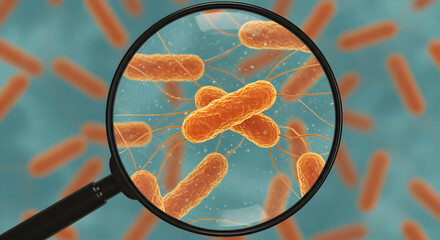 Poster - Magnified Orange Bacteria Cells Detailed Microscopic View Against a Teal Backdrop Microbiology Science and Disease Exploration with Macro Focus