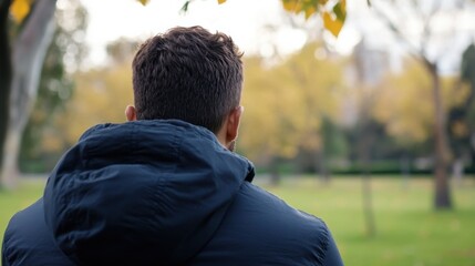 Aufkleber - A man in a dark hooded jacket stands in a park, his back to the camera, gazing at the autumnal foliage and trees. : Generative AI