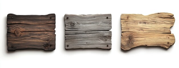 Poster - Three rustic wooden signs, dark brown, gray, and light brown, isolated on white background, perfect for rustic design projects or signage. : Generative AI