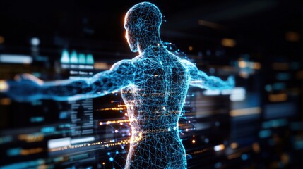 Poster - A futuristic visualization of the human body with glowing connections against a blurred technology backdrop.