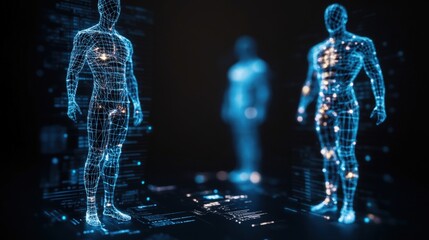 Poster - Digital human figures rendered in wireframe stand over a computer circuit network in a dark atmosphere.