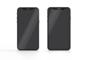 Poster - Two sleek black smartphones with blank screens are positioned side by side against a clean white background, ready for app display or mockup design. : Generative AI