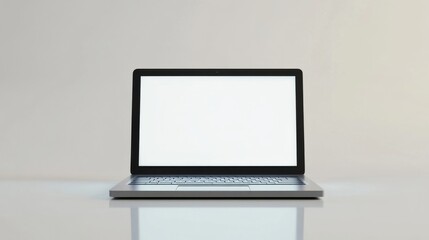 Poster - A sleek silver laptop with a blank white screen sits on a reflective surface against a minimalist gray backdrop, ideal for showcasing your software or website. : Generative AI