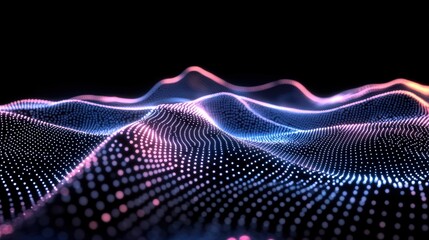 Aufkleber - Dotted waves of glowing pink and blue undulate across a black background in this abstract visualization.