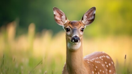 Poster - A young white-tailed deer fawn gazes directly at the camera, its spotted coat contrasting against a softly blurred background of green and gold. : Generative AI