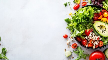 Poster - A vibrant bowl of fresh salad with lettuce, cherry tomatoes, avocado, feta cheese, and herbs, arranged on a light gray background with copy space. : Generative AI
