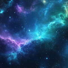 Poster - A mesmerizing cosmic nebula, swirling with vibrant teal and purple hues, is scattered with countless glittering stars across a deep blue expanse of space.  The ethereal glow creates a  : Generative AI