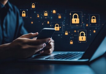 Fototapete - Person using smartphone and laptop with digital padlock icons, symbolizing online security and data protection in a dark setting. : Generative AI