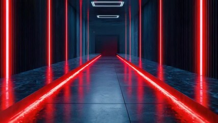Poster - Futuristic Corridor with Red Neon Lights and Glossy Black Floor in a Darkened Environment 4k video footage
