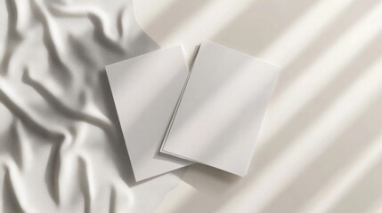 Poster - Two blank cards rest on a creamy textured fabric, bathed in soft, sunlit stripes.  A minimalist mockup ideal for branding or stationery design. : Generative AI