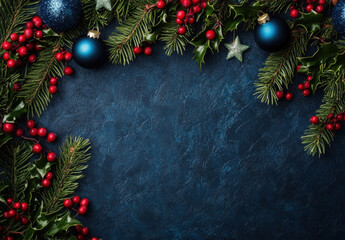 Poster - Festive Christmas border with blue ornaments, holly berries, and pine branches on a dark blue textured background, ideal for holiday cards or invitations. : Generative AI