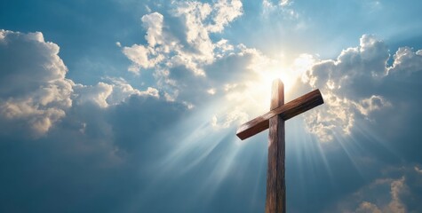Poster - Wooden cross silhouetted against a dramatic sky, sun rays bursting through clouds, conveying hope and faith. : Generative AI