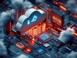 Fototapete - Futuristic Cloud Computing Concept Over Circuit Board with Neon Lights