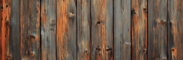 Poster - Rustic Weathered Wood Planks Background Texture: Dark Gray and Orange Brown Tones, Vertical Grain Pattern, Close-Up View : Generative AI