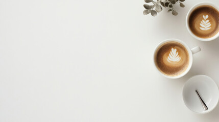 Aufkleber - Two cups of latte art coffee on a white table, with eucalyptus branch and small dish, minimalist flatlay. : Generative AI