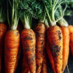 Poster - A close-up view of several freshly harvested carrots, still clinging to their green tops and showing traces of dark soil, suggesting a recent garden pull. : Generative AI