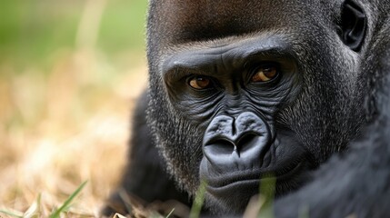 Aufkleber - Close-up portrait of a powerful western lowland gorilla, its intense gaze and textured fur showcased against a blurred natural background. : Generative AI