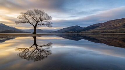 Poster - Solitary tree reflected in a calm loch at sunrise, with mountains in the background creating a serene and peaceful landscape. : Generative AI