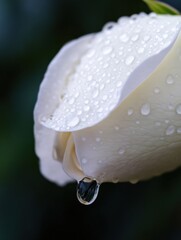Aufkleber - Closeup of a single white rose petal glistening with dew drops, a single drop hanging precariously from the edge, showcasing the delicate texture and natural beauty of the flower. : Generative AI
