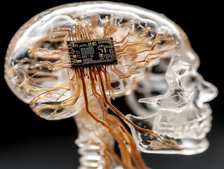 Poster - Futuristic Brain with Circuitry: A Transparent Skull Featuring Intricate Microchip Connections
