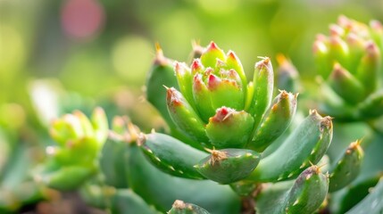 Leinwandbilder - Close-up view of a vibrant green succulent plant, showcasing its detailed rosette structure and tiny, spiky leaves.  The reddish tips of the leaves add a striking contrast against the  : Generative AI