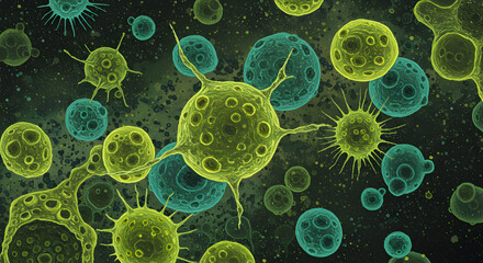 Poster - Abstract Microscopic View of Yellow and Green Spiky Cells Floating in a Speckled Dark Backdrop for Scientific and Medical Illustrations